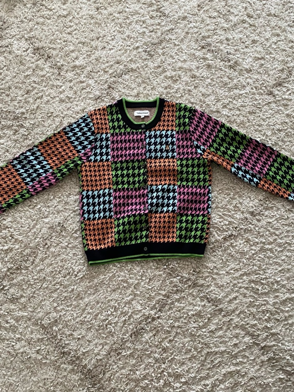 Teddy Fresh Multicolor Houndstooth Cardigan Sweater Bear Logo - Size: M